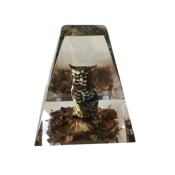 Lucite Pyramid Paperweight Hand Carved Painted Great Horned Owl MCM Mid-century - Picture 4 of 10